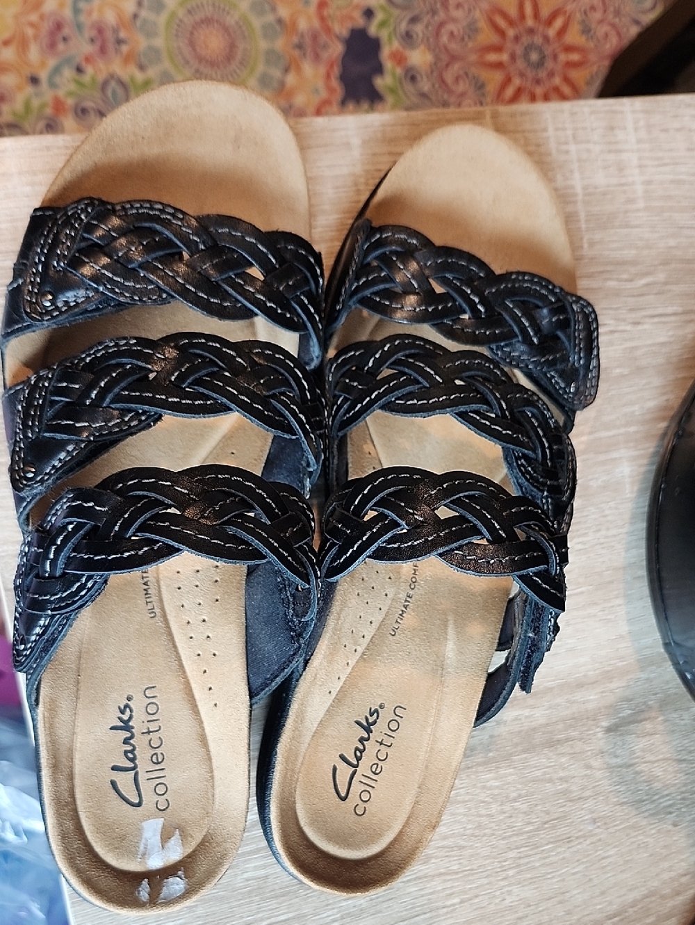 Clarks Women's Black Braided Laurieann Rio Triple-Strap Slide Sandals